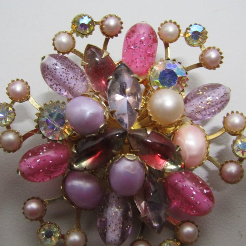 Vintage brooch and clip earrings in pink, purple and cream beads and stones